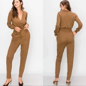 Brown Surplice Jumpsuit